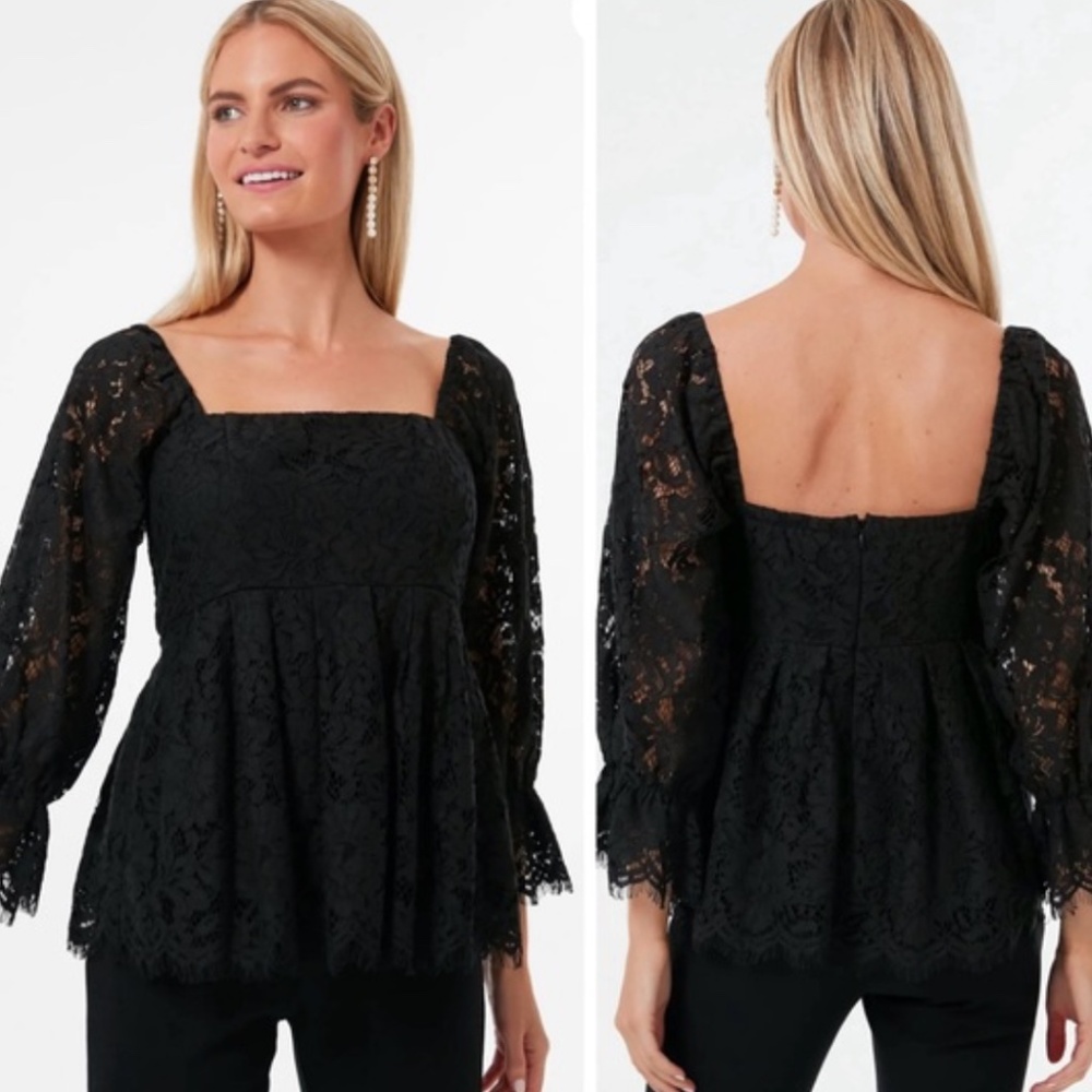 Tuckernuck Pomander Place black lace Daniella empire  waist blouse S